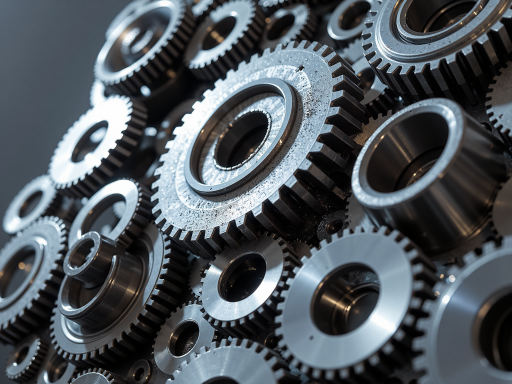 Precision manufactured gears and shafts on industrial table with measuring tools, blue background