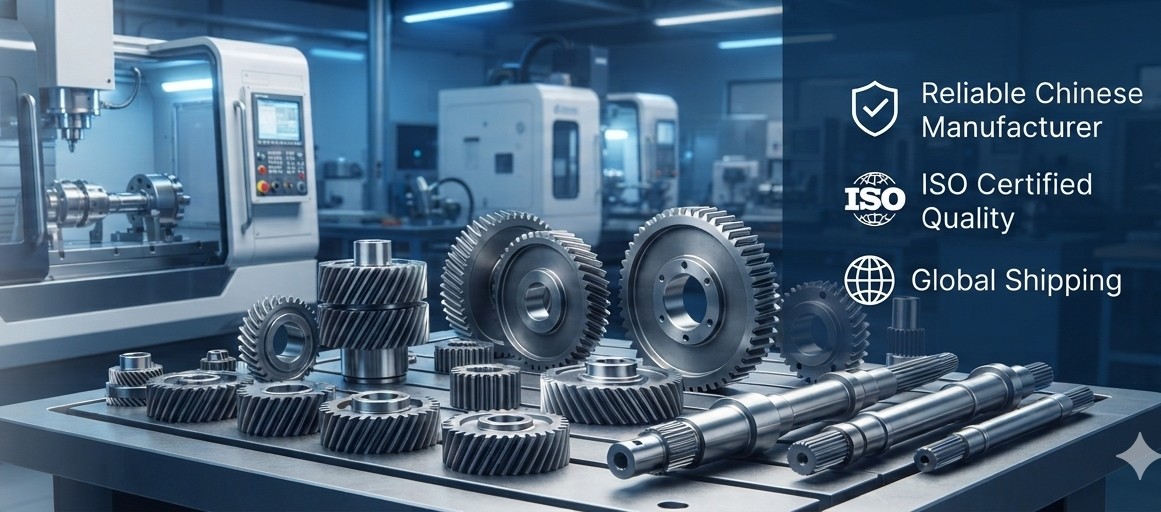 Precision manufactured gears and shafts on industrial table with measuring tools, blue background