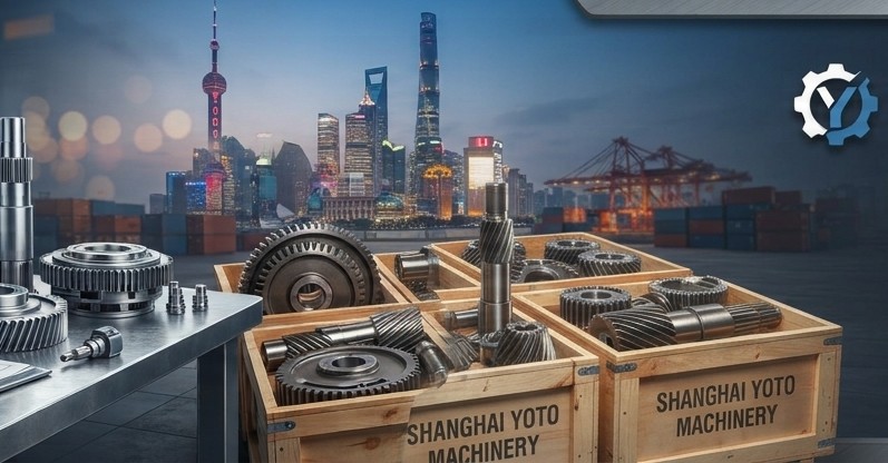 Modern manufacturing facility with precision gear production equipment, bright industrial lighting